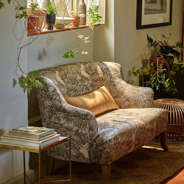 Grassington 2 Seater Sofa in RHS Botanicals on Velvet Ferns Toile Olive with scatter in Almost Plain Velvet Harvest